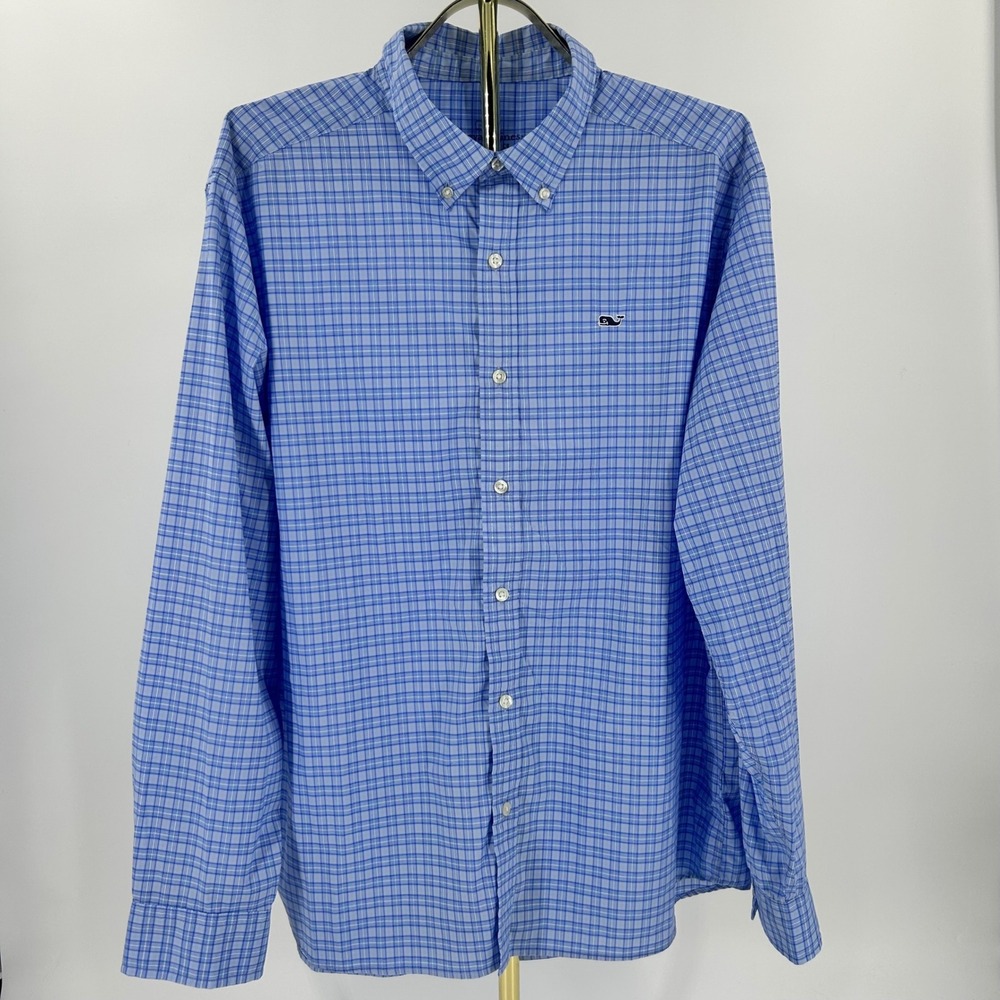 Vineyard Vines Performance Classic Fit Whale Shirt Blue Plaid Mens XL LS